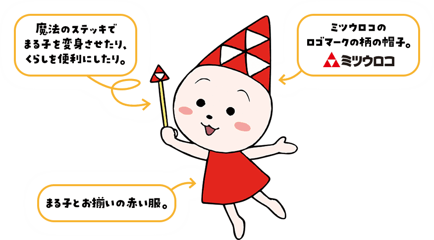 ミツウロコちゃん 魔法のステッキでまる子を変身させたり、くらしを便利にしたり。 まる子とお揃いの赤い服。 ミツウロコのロゴマークの柄の帽子。