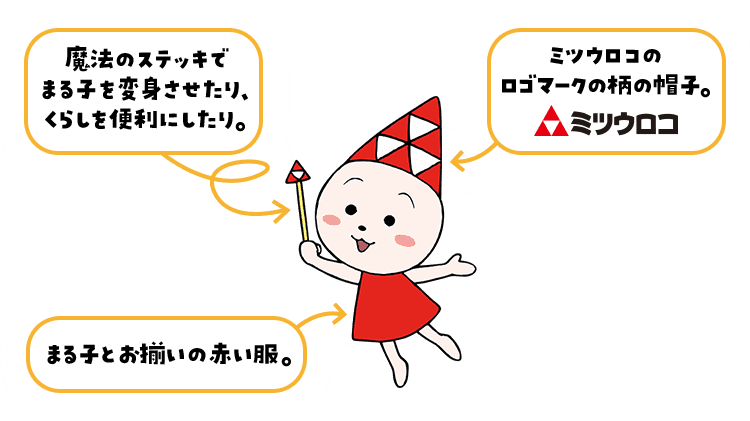 ミツウロコちゃん 魔法のステッキでまる子を変身させたり、くらしを便利にしたり。 まる子とお揃いの赤い服。 ミツウロコのロゴマークの柄の帽子。